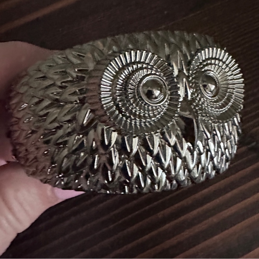 Silver Tone Owl Hinged Wide Cuff Bracelet Bird Festival Jewelry